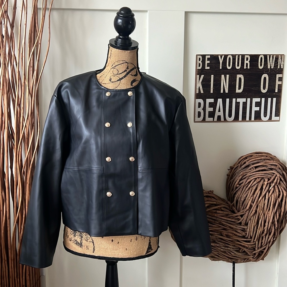 Zara Black Faux Leather Double Breasted Jacket